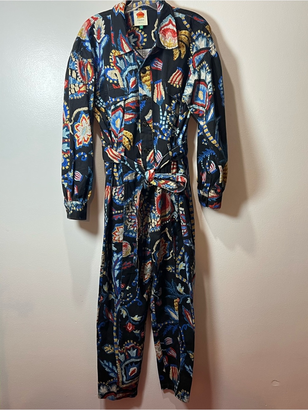 FARM Rio Black Button-Front Floral Jumpsuit with Blue and Red Motifs